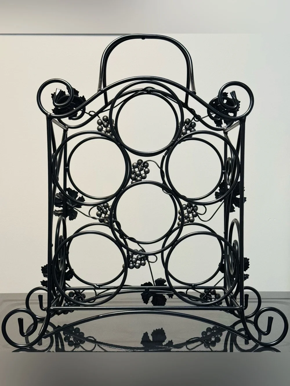 Black Metal Vintage Wine Rack with Silver Grape Accents
